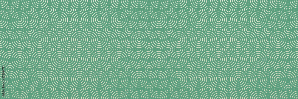 Modern abstract swirl seamless pattern with green geometric line circles design background vector. Asian decorative wallpaper texture.