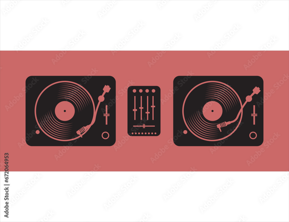 DJ Table with turntables mixer and vinyl records vector illustration DJ Table with turntables mixer and vinyl records vector illustration