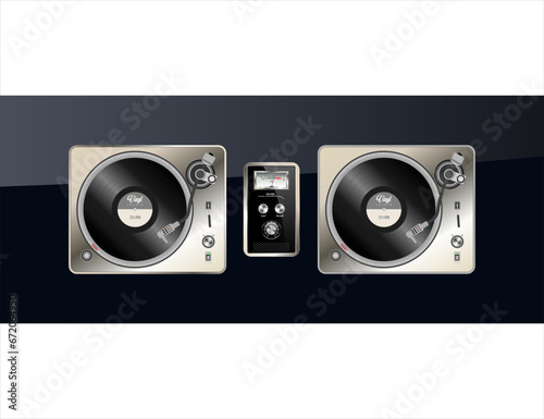 DJ Table with turntables mixer and vinyl records vector illustration 