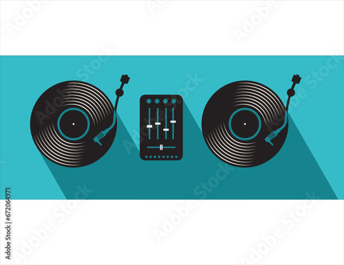 DJ Table with turntables mixer and vinyl records vector illustration 