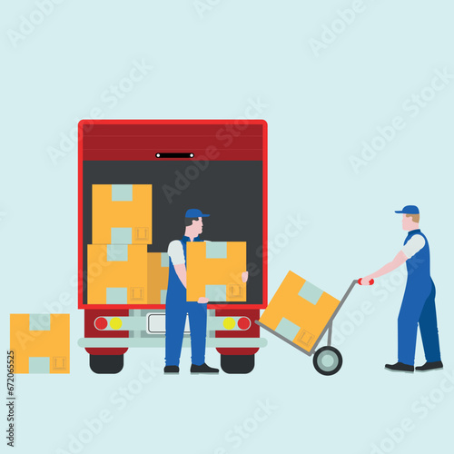 Workers are loading boxes into a van. Loading and transportation service. Workers are loading transport.