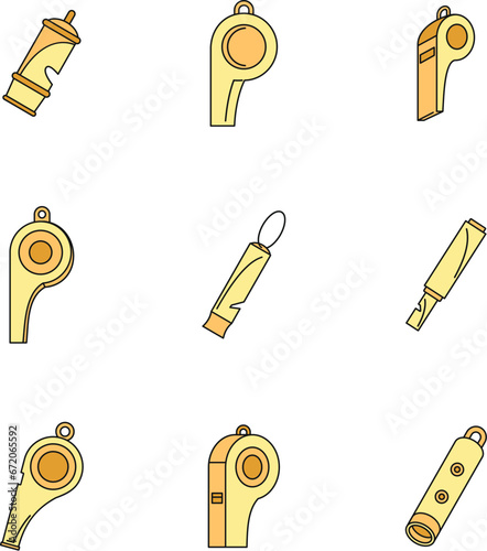 Whistle coaching blow icons set. Outline illustration of 9 whistle coaching blow vector icons thin line color flat on white