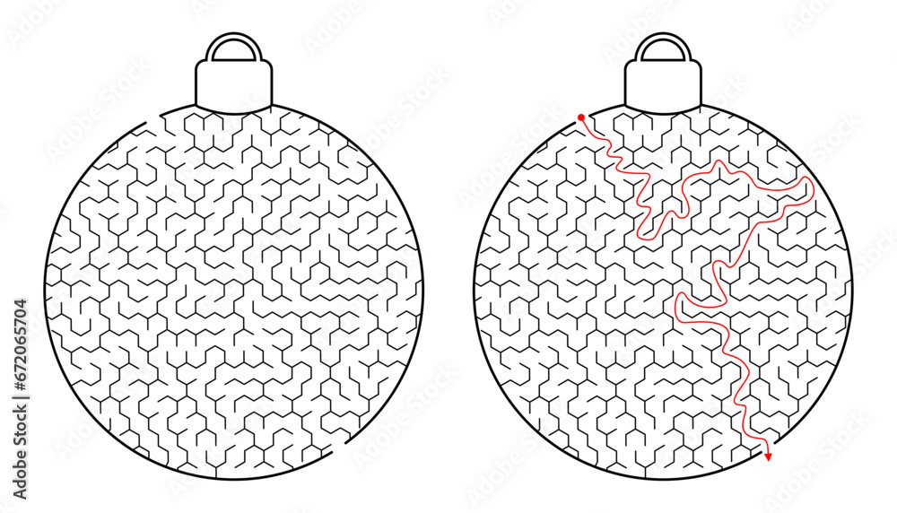 Maze Christmas ball. Labyrinth. Christmas tree toy. Simple flat vector illustration isolated on white background Maze Christmas ball. Labyrinth. Christmas tree toy. Simple flat vector illustration isolated on white background