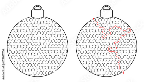 Maze Christmas  ball. Labyrinth. Christmas tree toy. Simple flat vector illustration isolated on white background