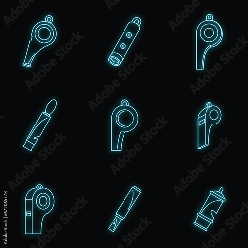 Whistle coaching blow icons set. Outline illustration of 9 whistle coaching blow vector icons neon color on black photo