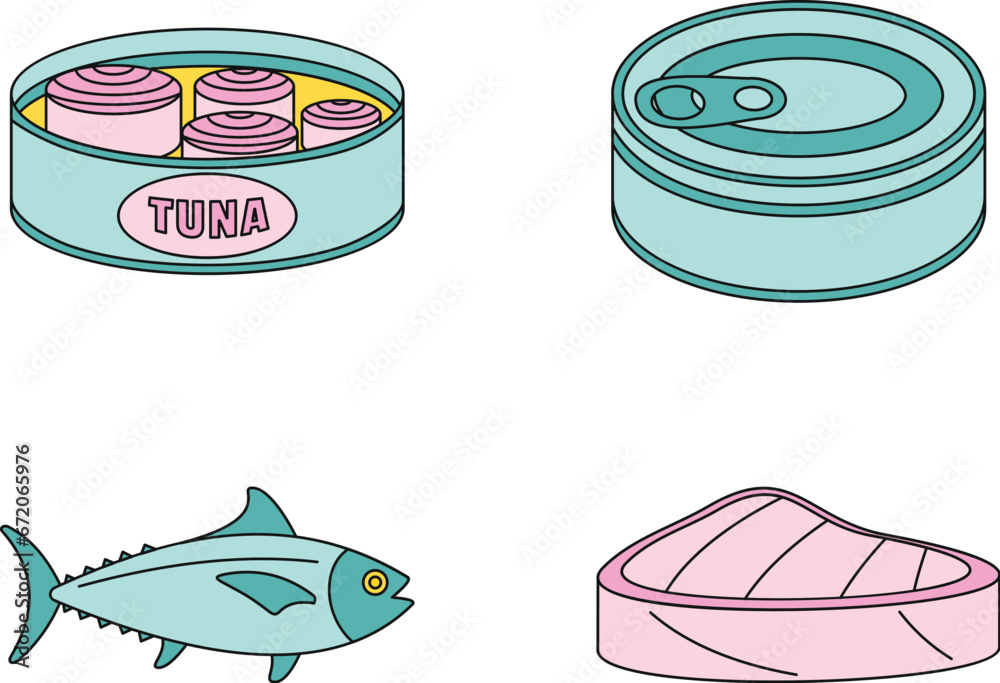 Tuna fish can steak icons set. Outline illustration of 4 tuna fish can steak vector icons thin line color flat on white Tuna fish can steak icons set. Outline illustration of 4 tuna fish can steak vector icons thin line color flat on white