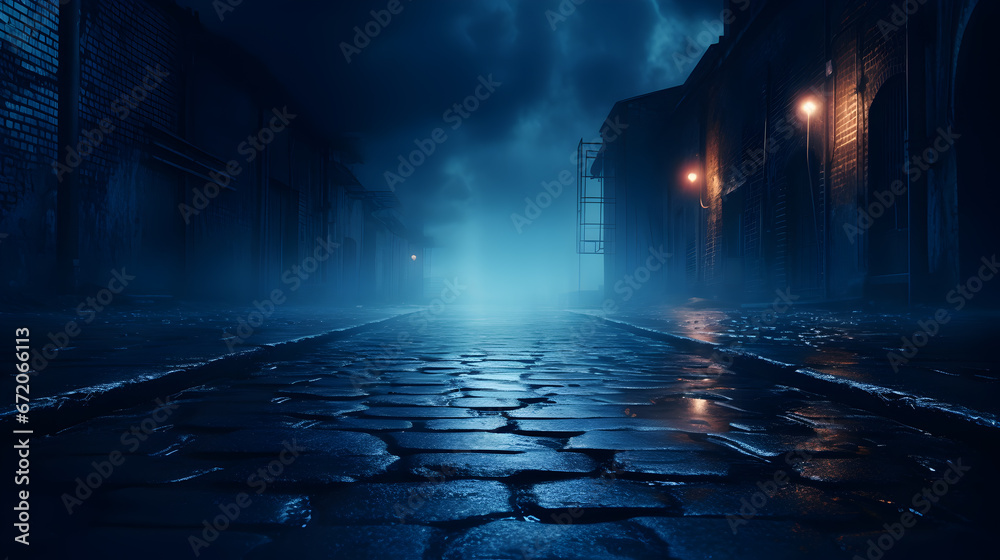 light in the night, Dark street, wet asphalt, reflections of rays in the water. Abstract dark blue background, smoke, smog. Empty dark scene, neon light, spotlights. - obrazy, fototapety, plakaty 
