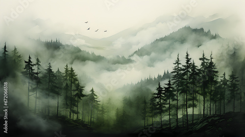 a forest with mountains and trees in the background.a lush forest with towering mountains in the background. Suitable for nature-themed designs, travel brochures, and outdoor-related advertisements.