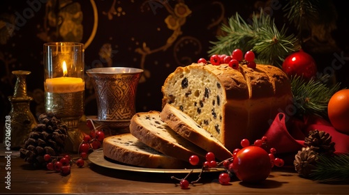 Delicious panettone cake with festive decorations on a wooden table