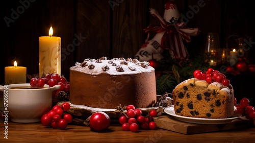 Delicious panettone cake with festive decorations on a wooden table