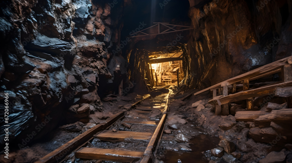 Naklejka premium tunnel in the cave, Collapsed timbered underground tunnel in deserted copper mine