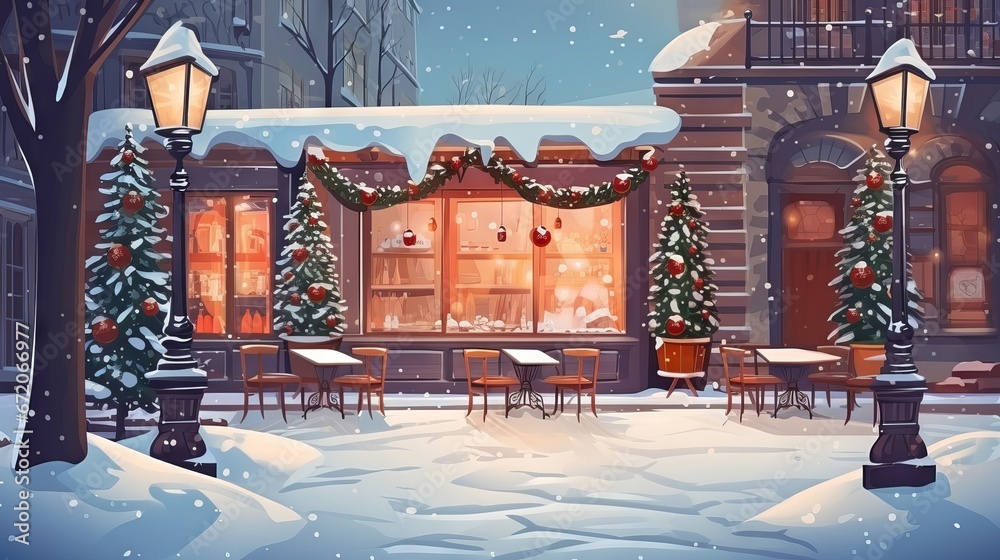 Εκτύπωση καμβά Winter wonderland: a cozy Christmas coffee shop with snow and warm light decorat