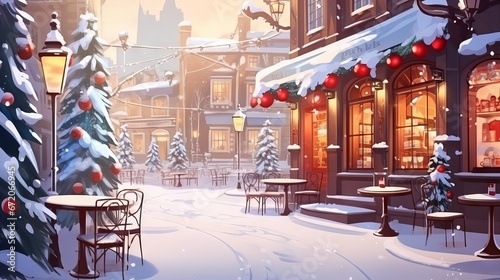 Cozy Christmas coffee shop with snowy street and festive lights in winter season. Holiday illustration of cafe with warm atmosphere and landscape wallpaper. photo