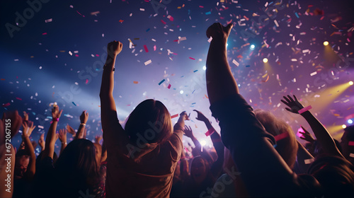 crowd of people dancing at concert, Concertgoers with confetti and vivid stage lights