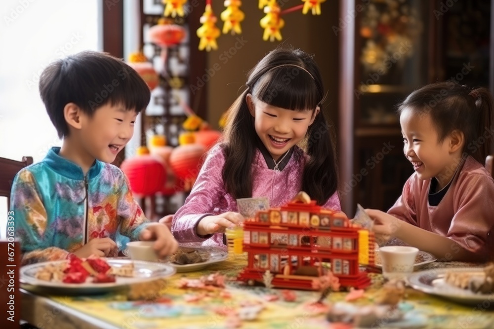happy Chinese children at the holiday table. Chinese New Year happy Chinese children at the holiday table. Chinese New Year