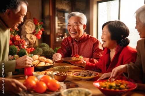 happy Chinese family at a festive New Year's table. Chinese New Year