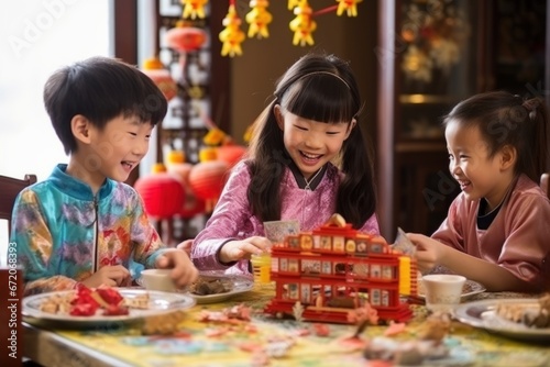 happy Chinese children at the holiday table. Chinese New Year
