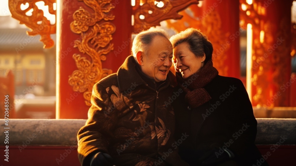 happy old asian couple against the backdrop of a Chinese palace during Chinese New Year