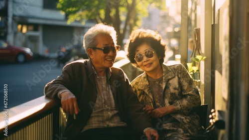 happy Japanese elderly couple on the street