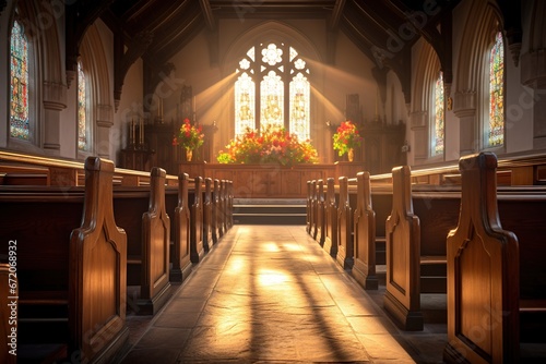 Interior of a church with a lot of flowers in the foreground.Funeral concept