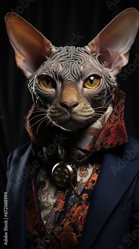 A cat wearing a suit and tie with a collar Sphynx cat character.