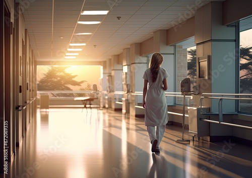 A panoramic view of a nurse walking down a hospital corridor  with soft lighting creating a serene