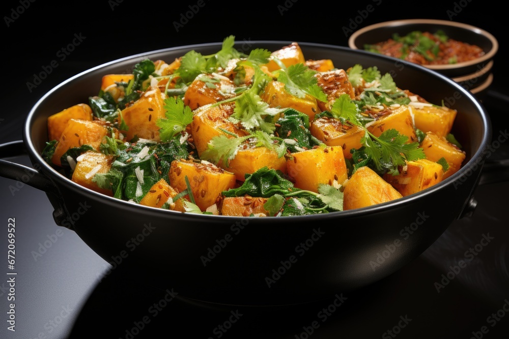 A pan filled with a mixture of vegetables, potato and vegetable curry.