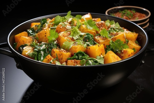 A pan filled with a mixture of vegetables, potato and vegetable curry.