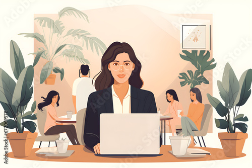 illustration of Business woman female team leader manager executive having hybrid office business group meeting, remote workers discussing work plans by video digital conference call on laptop