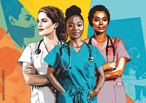 A pop art-inspired collage of different nurses from diverse backgrounds, celebrating the