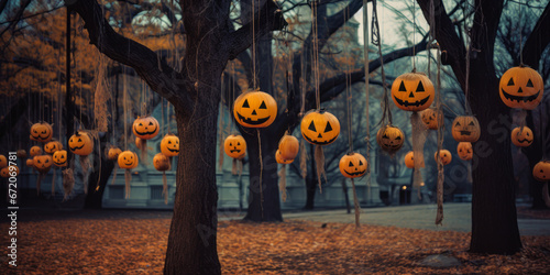 Halloween decorations on trees in an empty park. photo