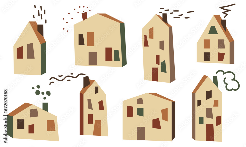 Fototapeta premium Set of geometric houses with contour graphic smoke on a white background. The collection can be used to make stickers, single items and any jewelry. Geometric houses with lines on a white background