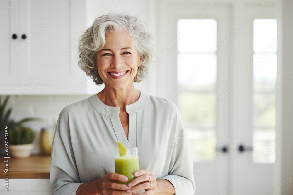 Healthy senior mature woman smiling while holding some green juice. Healthy senior mature woman smiling while holding some green juice.