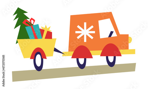 An orange truck with a trailer is carrying a Christmas tree and gifts in a trailer for Christmas and New Year on the road. Isolated children's geometric vector illustration for a holiday on a white