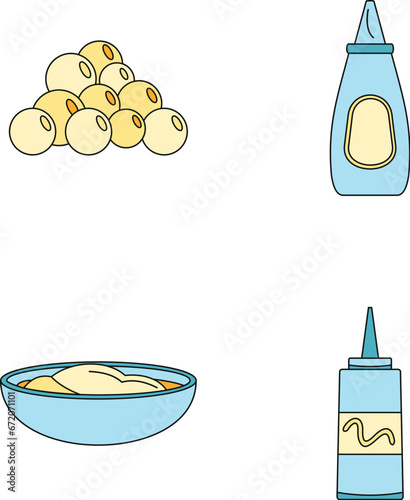 Mustard seeds sauce bottle icons set. Outline illustration of 4 mustard seeds sauce bottle vector icons thin line color flat on white