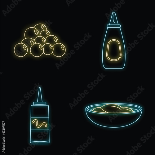 Mustard seeds sauce bottle icons set. Outline illustration of 4 mustard seeds sauce bottle vector icons neon color on black
