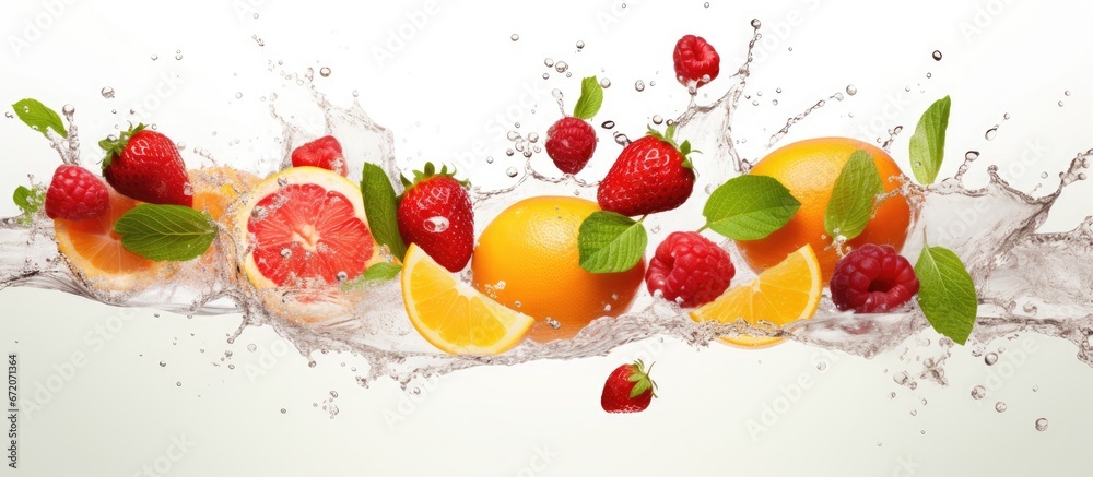 Fresh and flavorful orange strawberry and peach fruits along with refreshing mint leaves are vibrant and bursting with splashes and fruit fragments Set against a white background it s perfe Fresh and flavorful orange strawberry and peach fruits along with refreshing mint leaves are vibrant and bursting with splashes and fruit fragments Set against a white background it s perfe