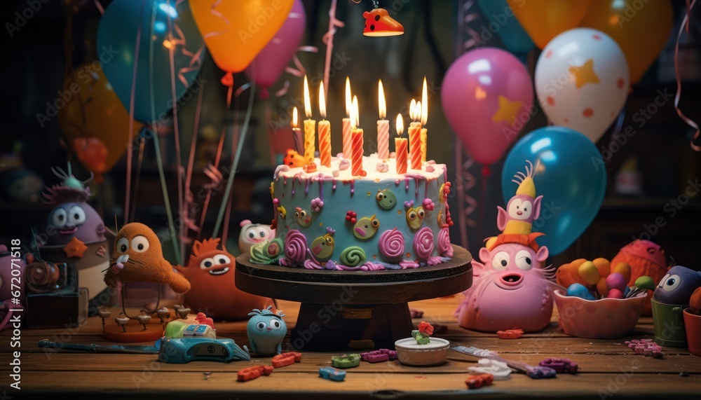 Photo of a Colorful Birthday Cake with Glowing Candles and Playful Toys