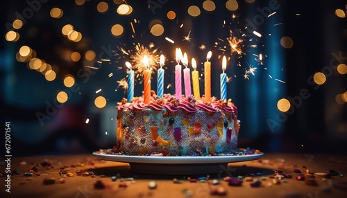 Photo of a Colorful Birthday Cake with Brightly Lit Candles on a Festive Table