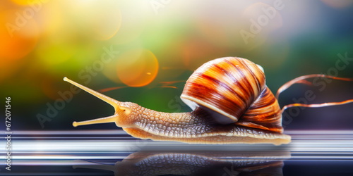 Fast-moving snail with motion blur effect. photo