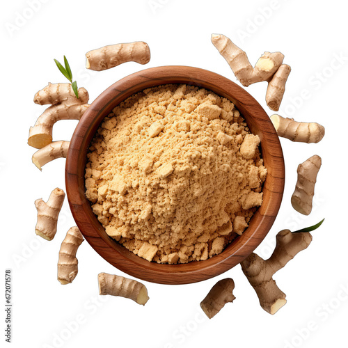 Top View of Ground Galangal in a Bowl Isolated on Transparent or White Background, PNG