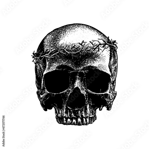 skull with thorns hand drawing vector isolated on background.