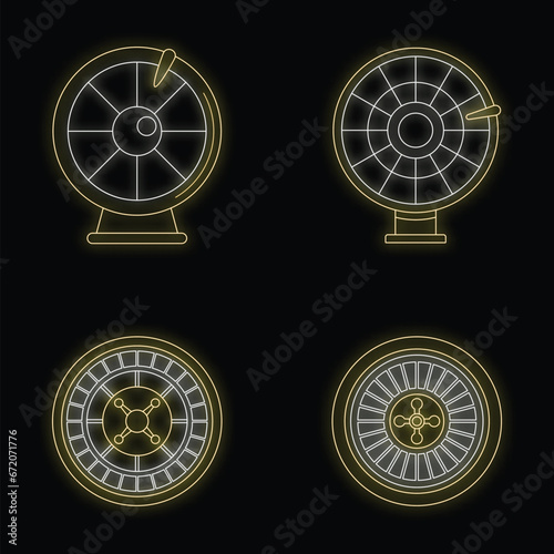 Roulette wheel fortune icons set. Outline illustration of 4 roulette wheel fortune vector icons neon color on black