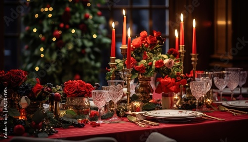 Photo of a Festive Table Setting with a Vibrant Red Tablecloth and a Festive Christmas Tree