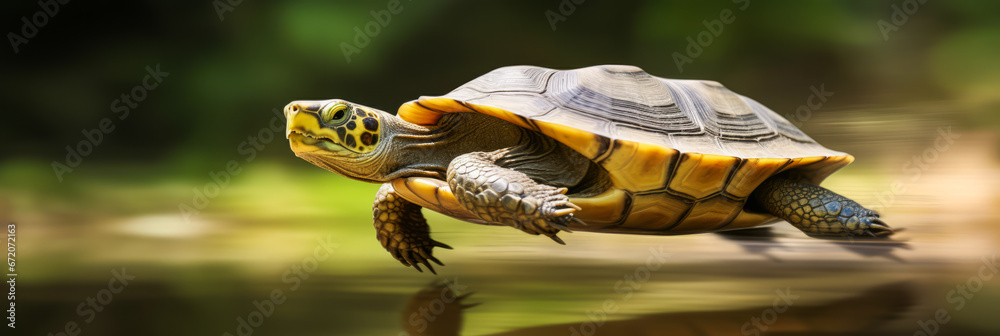 Turtle in motion blur indicating speed and running.