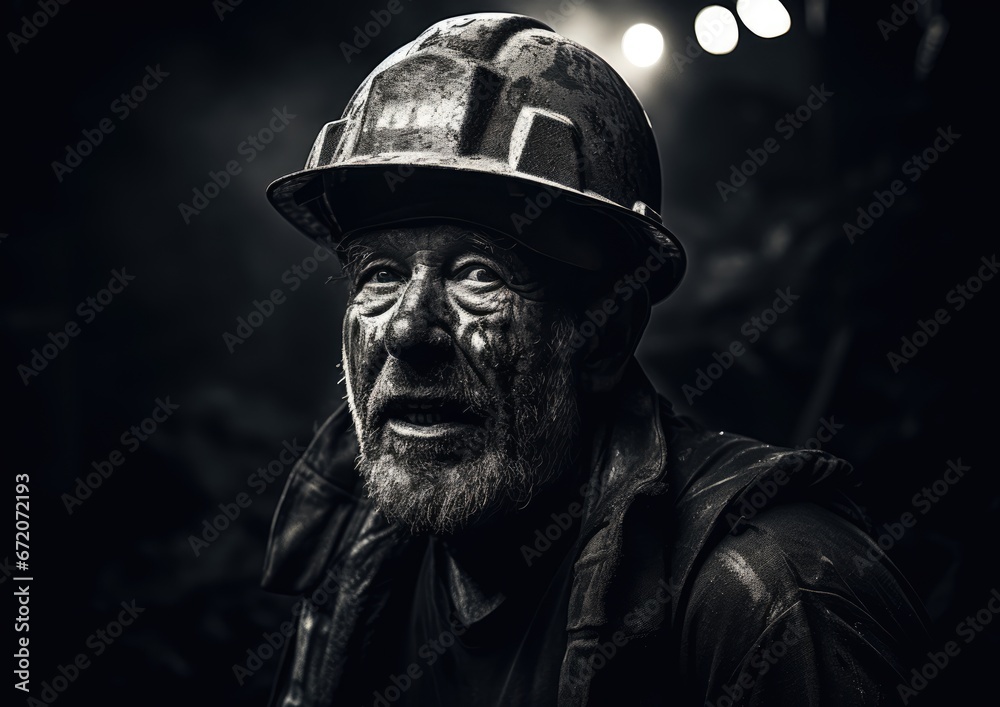 A black and white image of a miner deep underground, with only a single beam of light illuminating A black and white image of a miner deep underground, with only a single beam of light illuminating