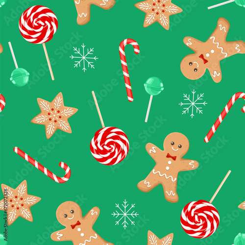 Christmas seamless pattern with candy cane, lollipops and gingerbread. Bright festive background. Vector cartoon illustration.