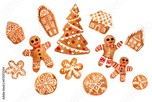 Set of gingerbread cookies on a white background. In the middle of the gingerbread is a Christmas tree, around gingerbread men, snowflakes and houses. Watercolor. White glaze lines. Red and black.