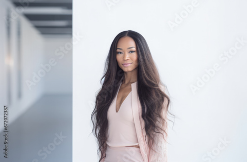 Portrait of a young beautiful African American woman with long curly hair © JuanM