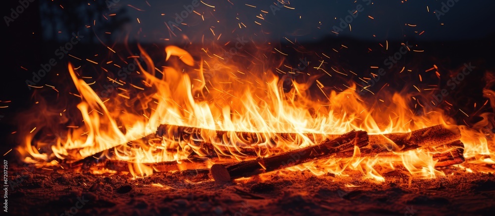 Flashes emitted by a fire at night within darkness during a bonfire enjoyed by tourists Flashes emitted by a fire at night within darkness during a bonfire enjoyed by tourists